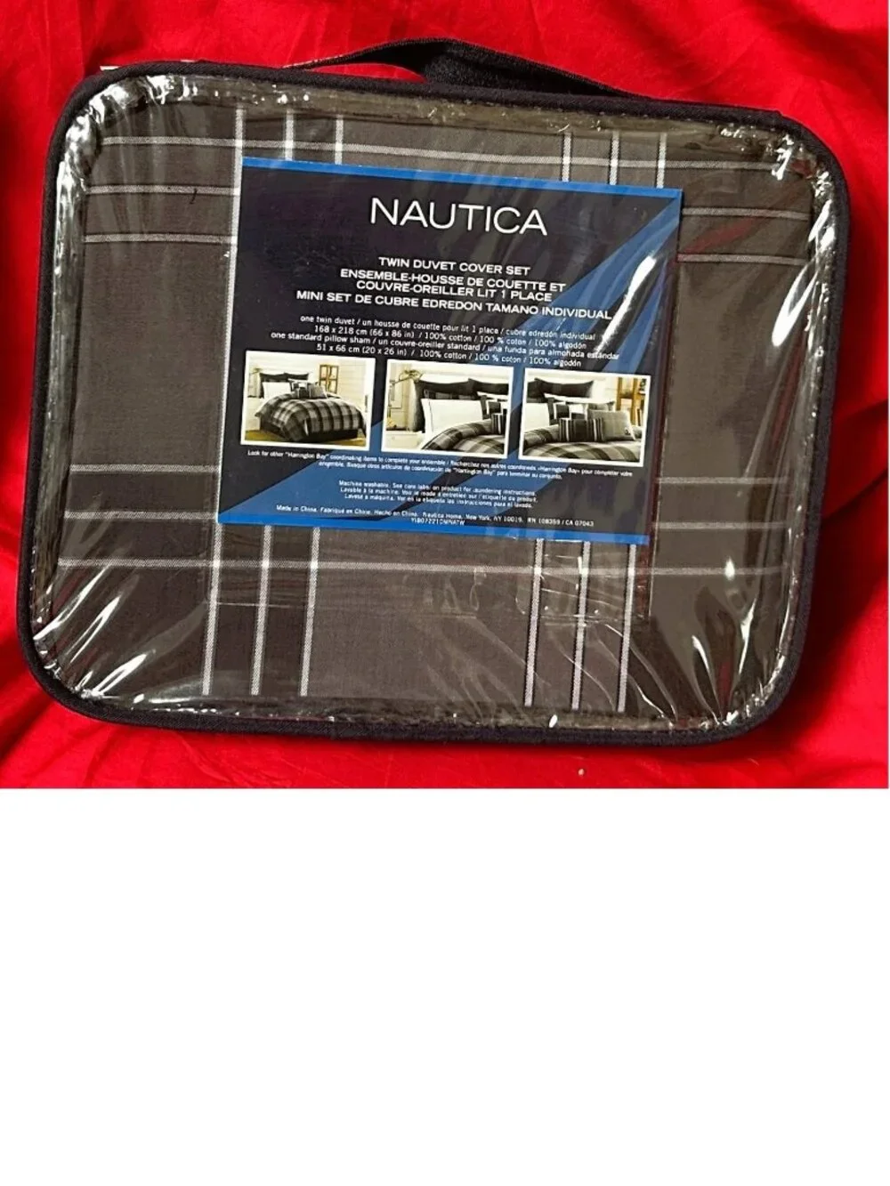 Vintage~TWIN~Nautica black/gray plaid~comforter/Duvet Cover+Sham set~100% Cotton